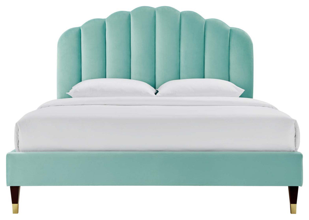 Platform Bed Frame, Queen Size, Blue, Velvet, Modern, Bedroom Guest Suite