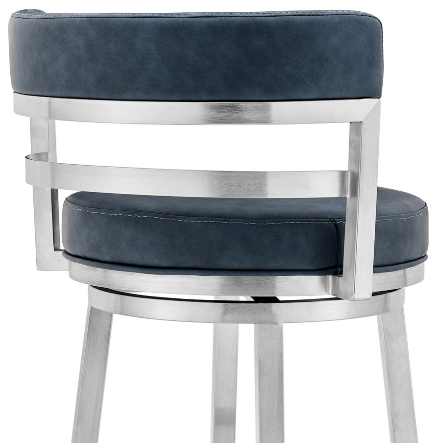 40" Blue Faux Leather And Iron Swivel Low Back Bar Height Chair