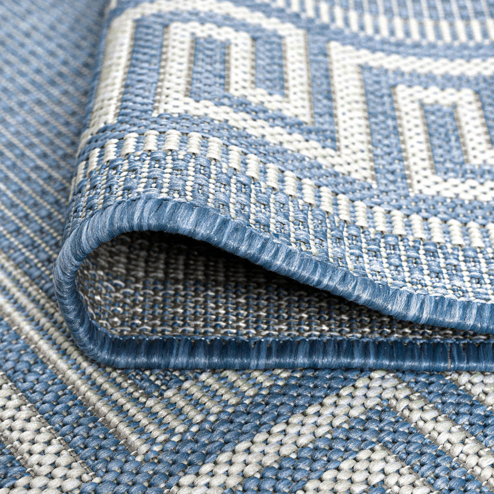 Giovanna Transitional Greek Key Blue/Cream Round Indoor/Outdoor Area Rug, 8'