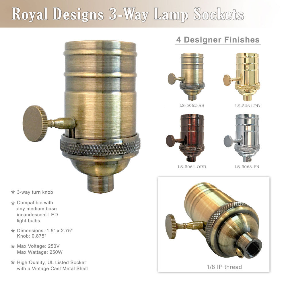 Royal Designs, Inc. 3 Way Vintage Lamp Socket, Antique Brass, Set of 10