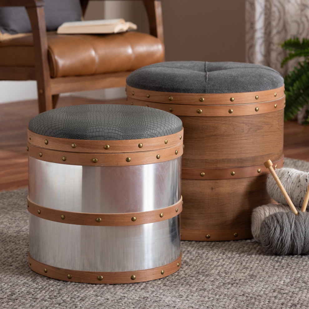 Grey Fabric and Blue Alligator Faux Leather Upholstered 2-Piece Storage Ottoman
