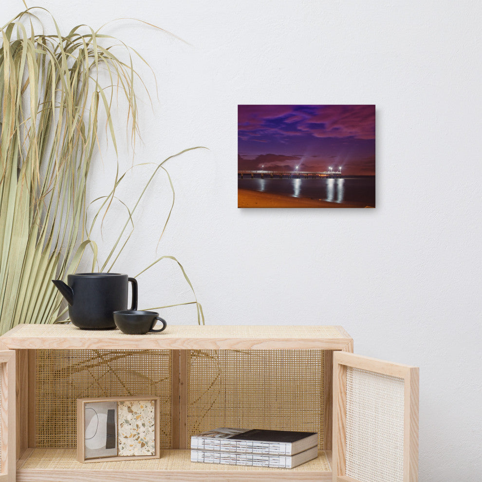 The Pier at Woodland Beach Night Photography Canvas Wall Art Print, 12" X 16"