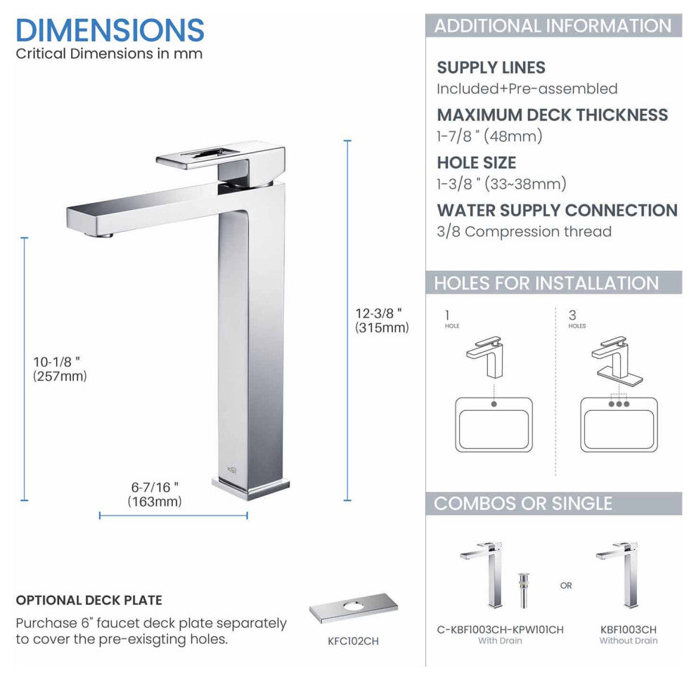 Cubic Single Handle Vessel Sink Faucet KBF1003, Chrome, W/ Drain