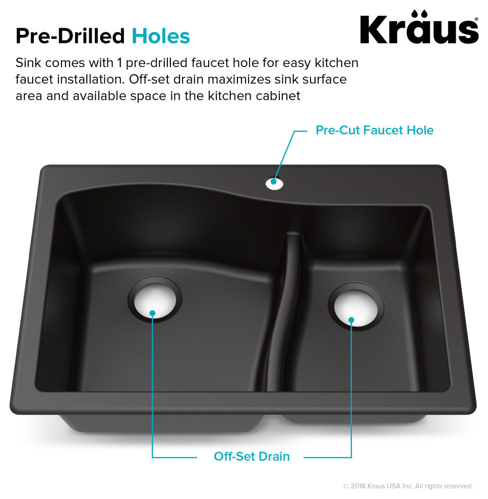 Quarza 33" Drop-in Undermount Granite Kitchen Sink, Garbage Disposal