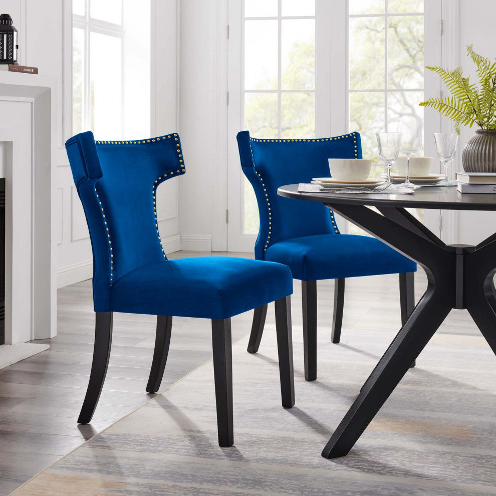 Dining Chair, Nailhead, Set of 2, Blue Navy, Velvet, Modern, Bistro Hospitality