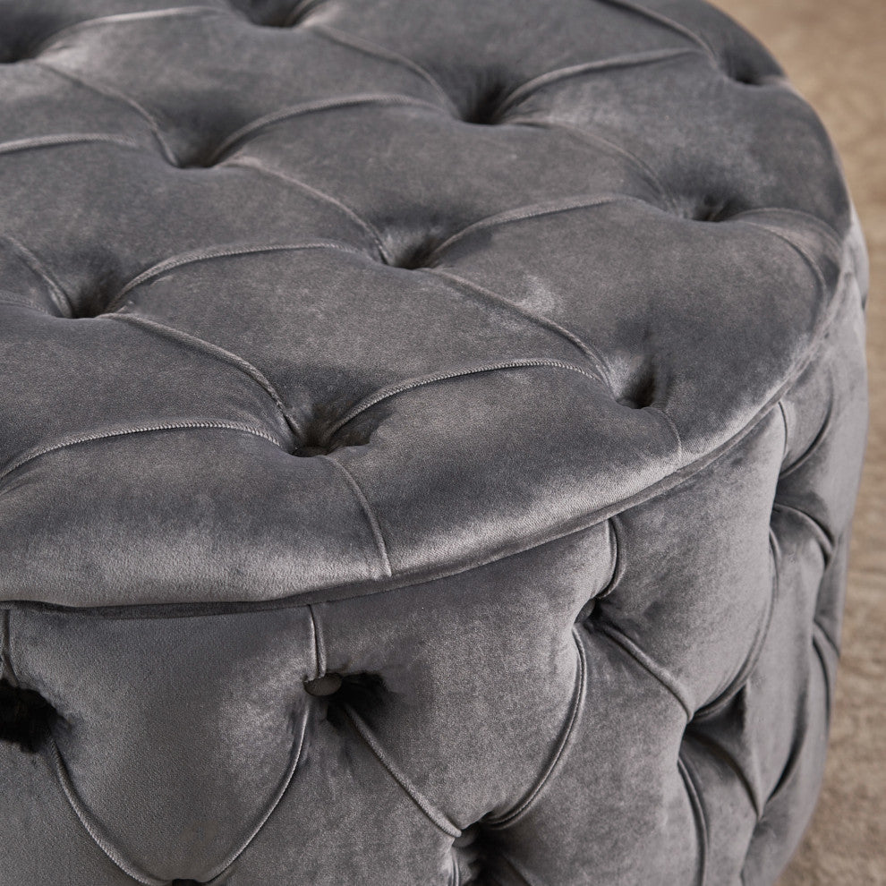 GDF Studio Maelyn Modern Glam Tufted Velvet Round Ottoman, Dark Gray