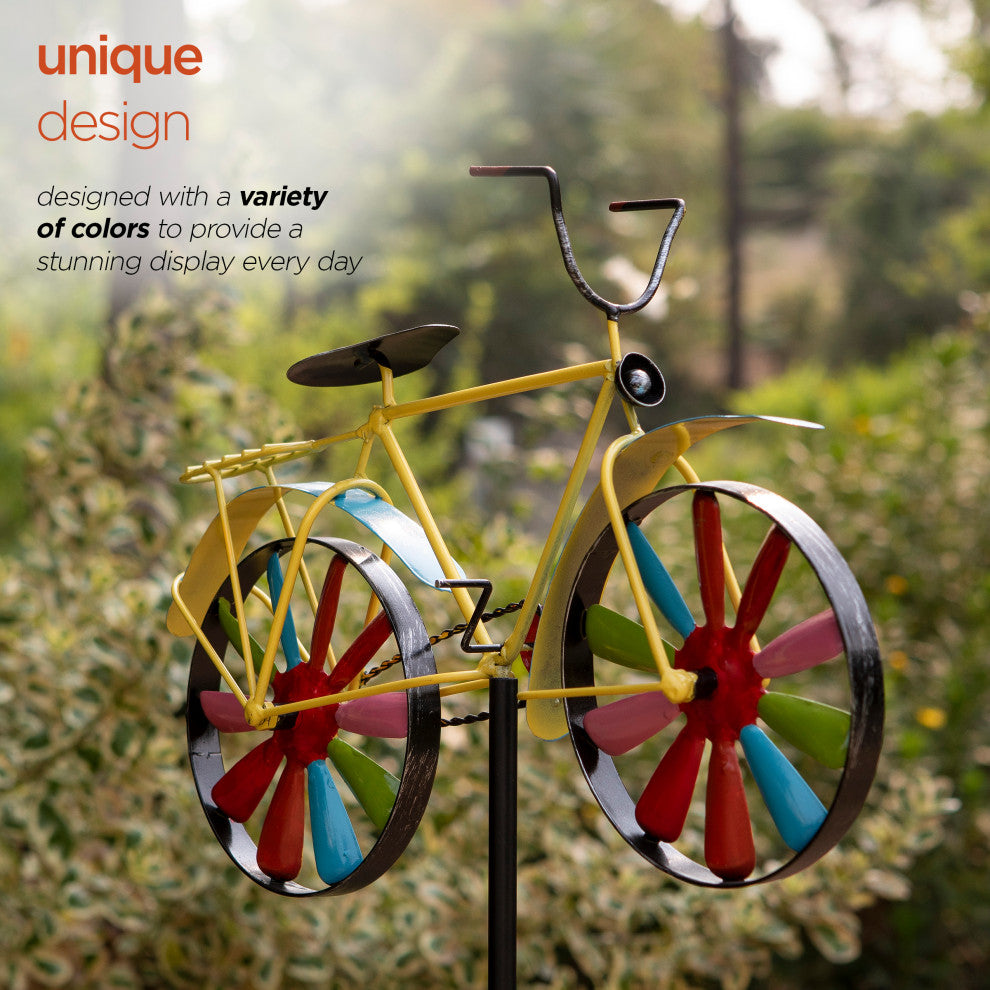 42" Tall Outdoor Metal Bicycle Wind Spinner Garden Stake Decoration, Multicolor