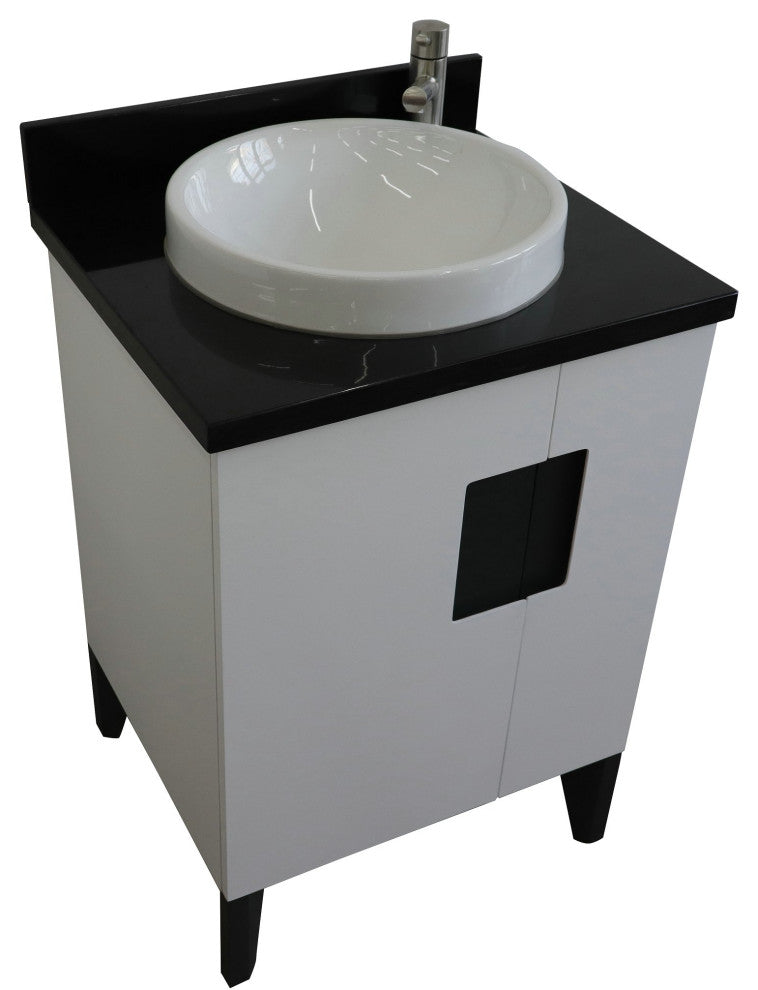 25" Single Sink Vanity, White Finish With Black Galaxy Granite And Round Sink