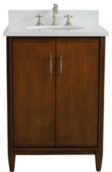 25" Single Sink Vanity, Walnut Finish, White Engineered Stone Top and Oval Sink