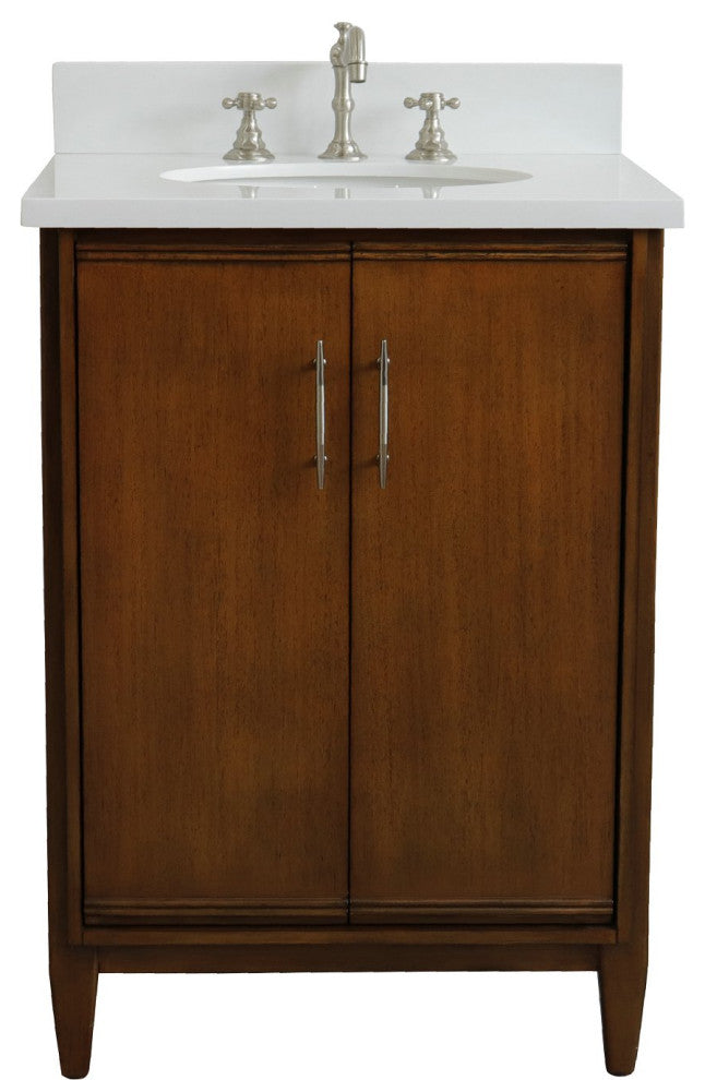 25" Single Sink Vanity, Walnut Finish, White Engineered Stone Top and Oval Sink