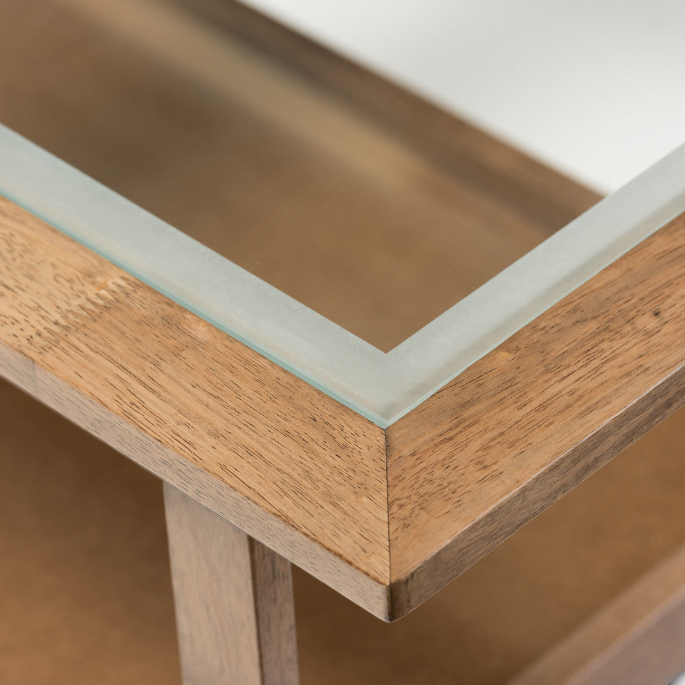 Cayla Mid-Century Walnut Brown Wood Living Room Glass-Top Coffee Table
