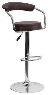 Contemporary Brown Vinyl Adjustable Barstool With Arms and Chrome Base