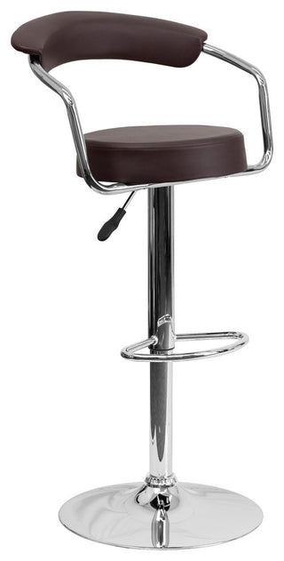 Contemporary Brown Vinyl Adjustable Barstool With Arms and Chrome Base
