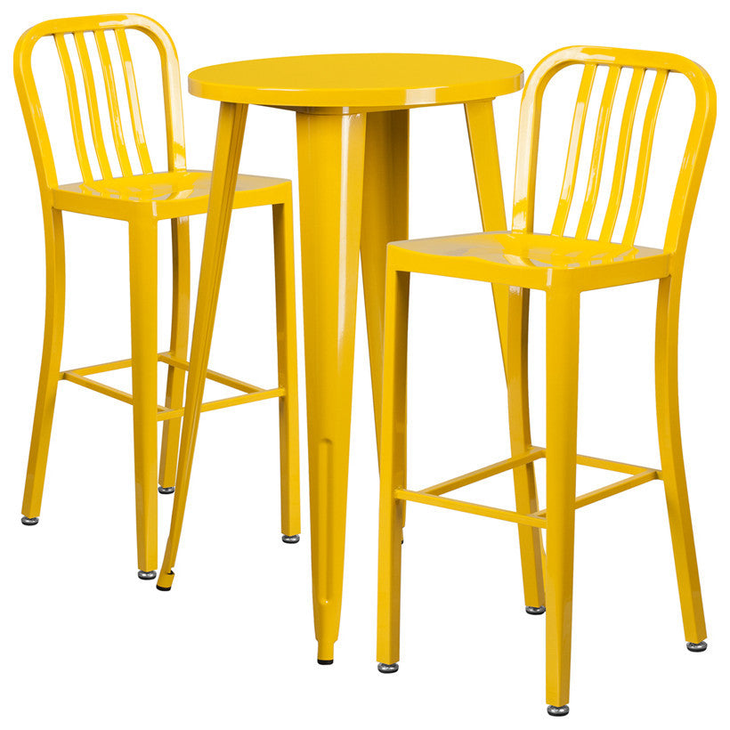 24" Round Yellow Metal Bar 3-Piece Table Set With 2 Vertical Slat Back Stools