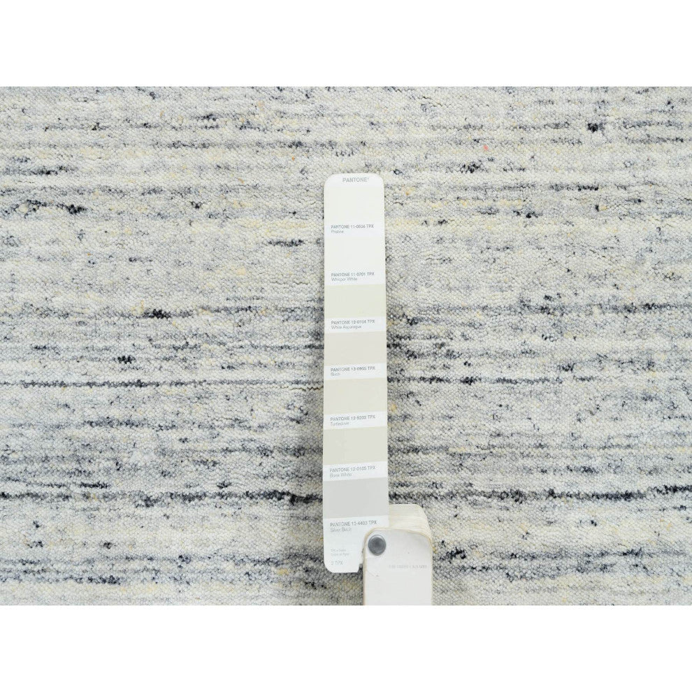 Ivory Pure Wool Hand Loomed Plain Modern Striped Design Round Rug, 6'0"x6'0"