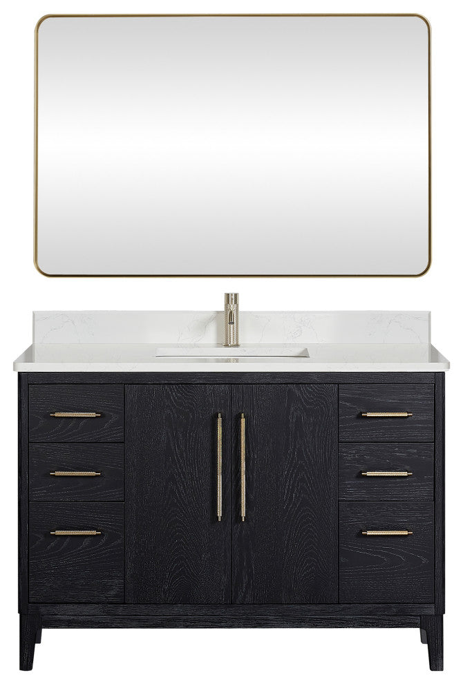 Gara Bath Vanity, Stone Top, Fir Wood Black, 48", Single Vanity, With Mirror