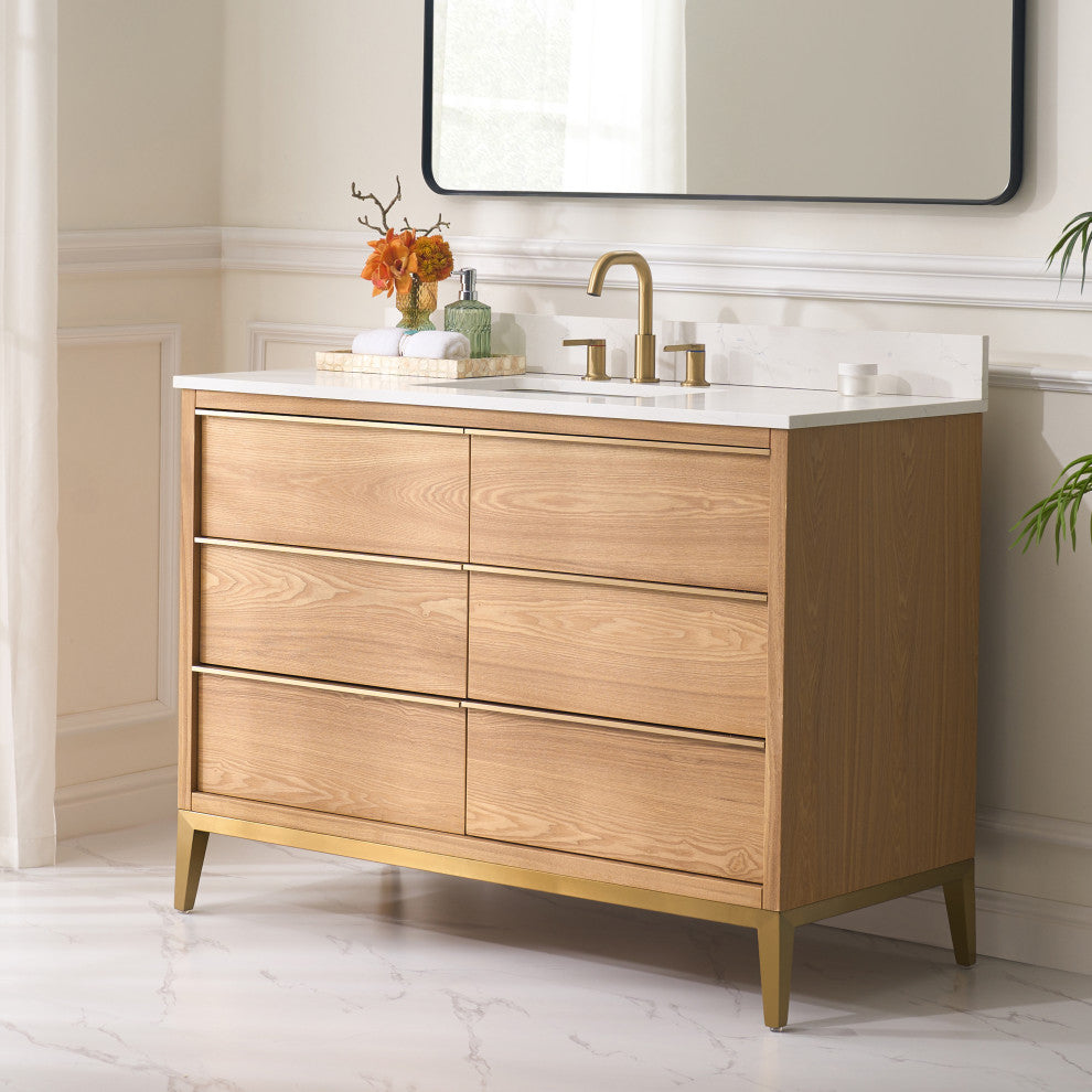 Nolan Freestanding Bathroom Vanity with Quartz Top, Light Oak, 48"