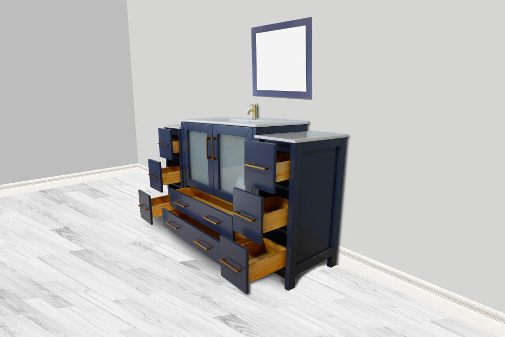 Vanity Art Single Vanity Set With Ceramic Top, 60", Blue, Led Sensor-Switch Mirror