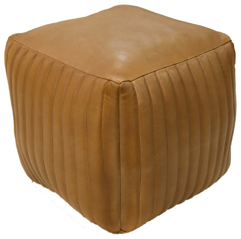 Poufs-Solid Handmade Goat Leather Pouf, Recycled Cotton Fill, Beige, Square 16x16x16