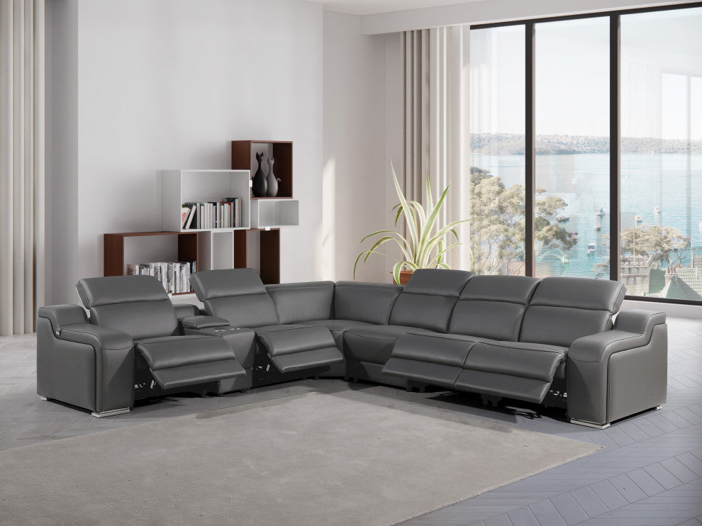 Marco-7-Piece, 4-Power Reclining Italian Leather Sectional, Dark Gray