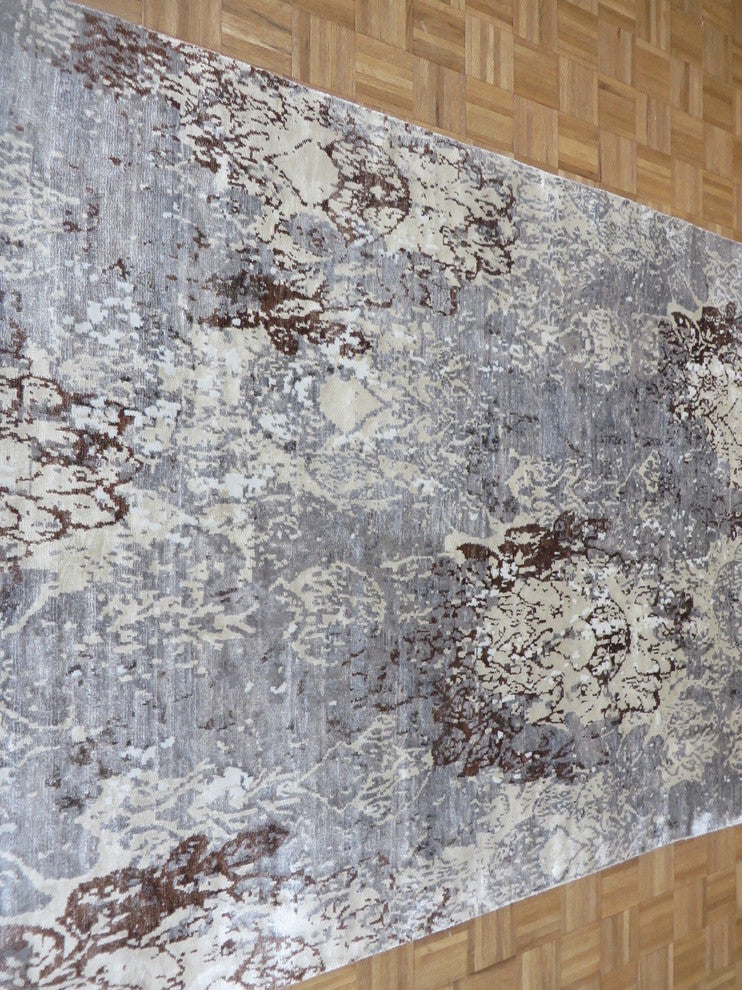 6x9 Handmade Gray Modern Abstract Oriental Rug With Silk