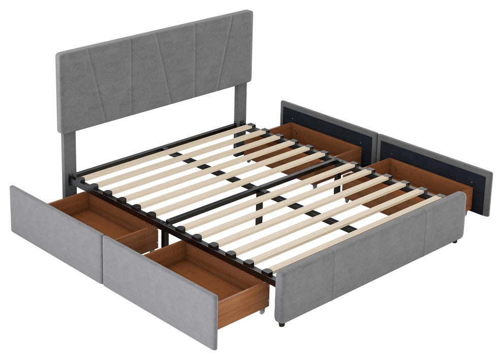 Gewnee Full Size Upholstery Platform Bed with Four Drawers on Two Sides in Grey