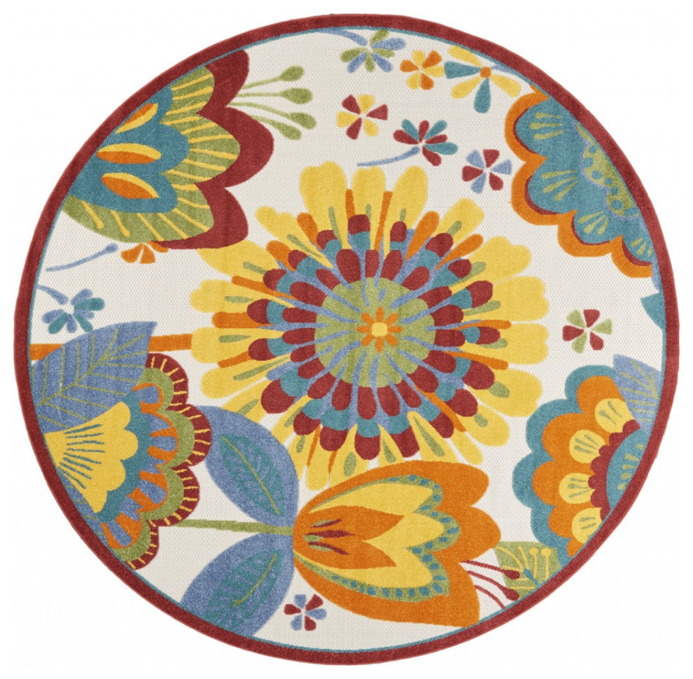 8' Round Yellow And Ivory Round Floral Indoor Outdoor Area Rug