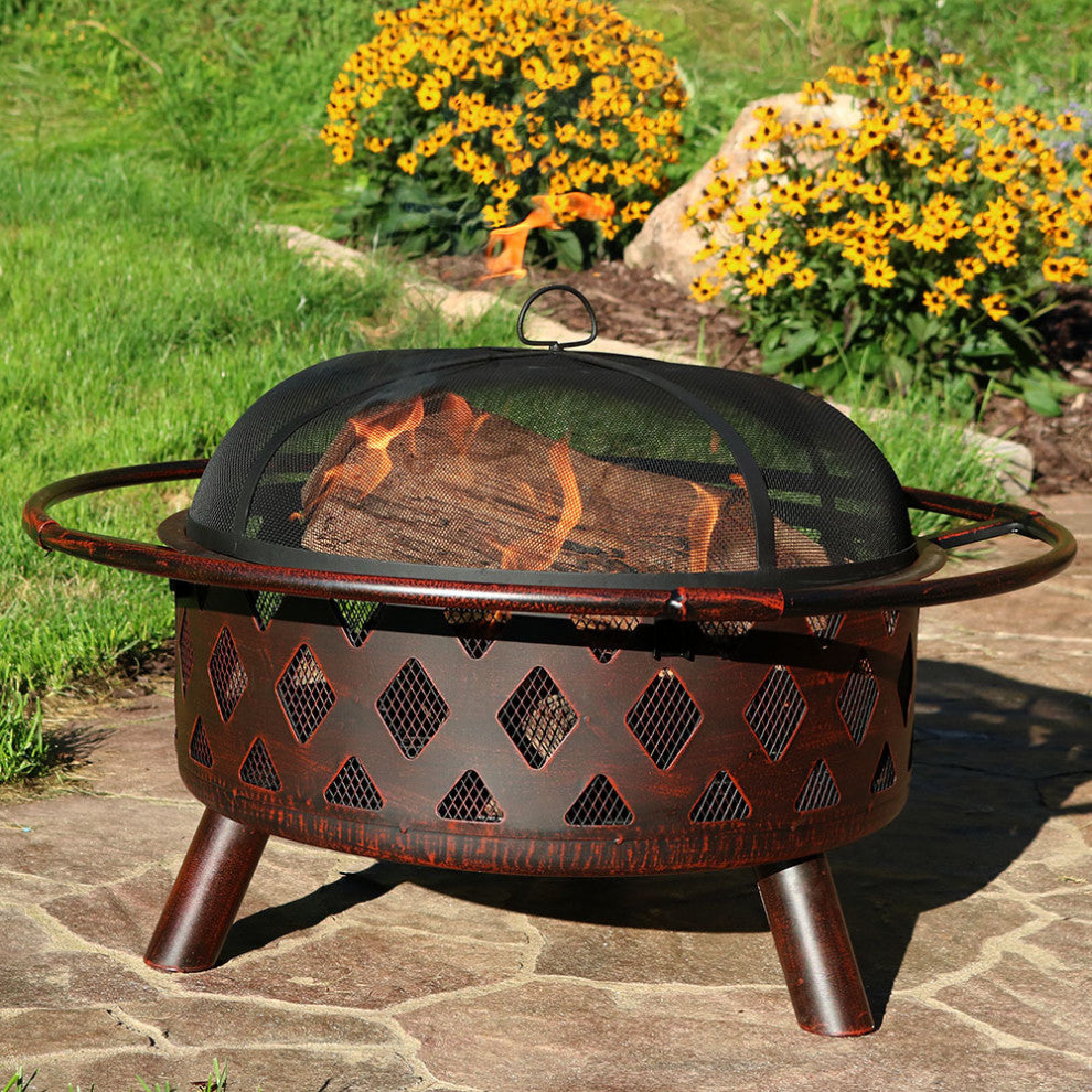 Sunnydaze Bronze Crossweave Wood Burning Fire Pit With Spark Screen, 30"