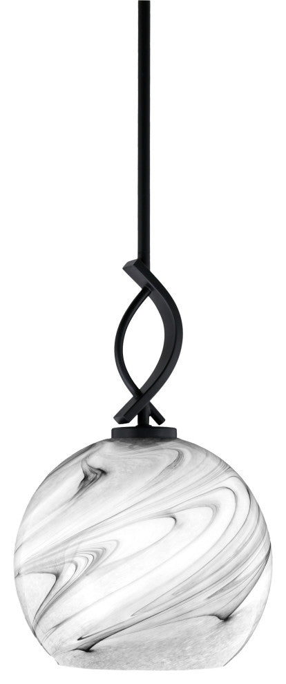 Cavella 1 Light Stem Mini Pendant, Matte Black Finish, 9.5" Onyx Swirl Glass