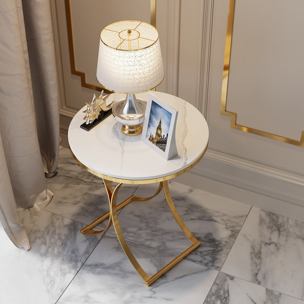 Modern Luxurious Round White Marble Stone Side Table X-Base End Table, White