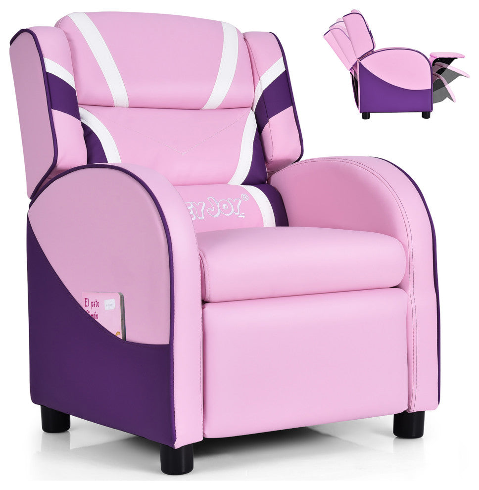 Kids Recliner Chair Gaming Sofa PU Leather Armchair w/Side Pockets Pink
