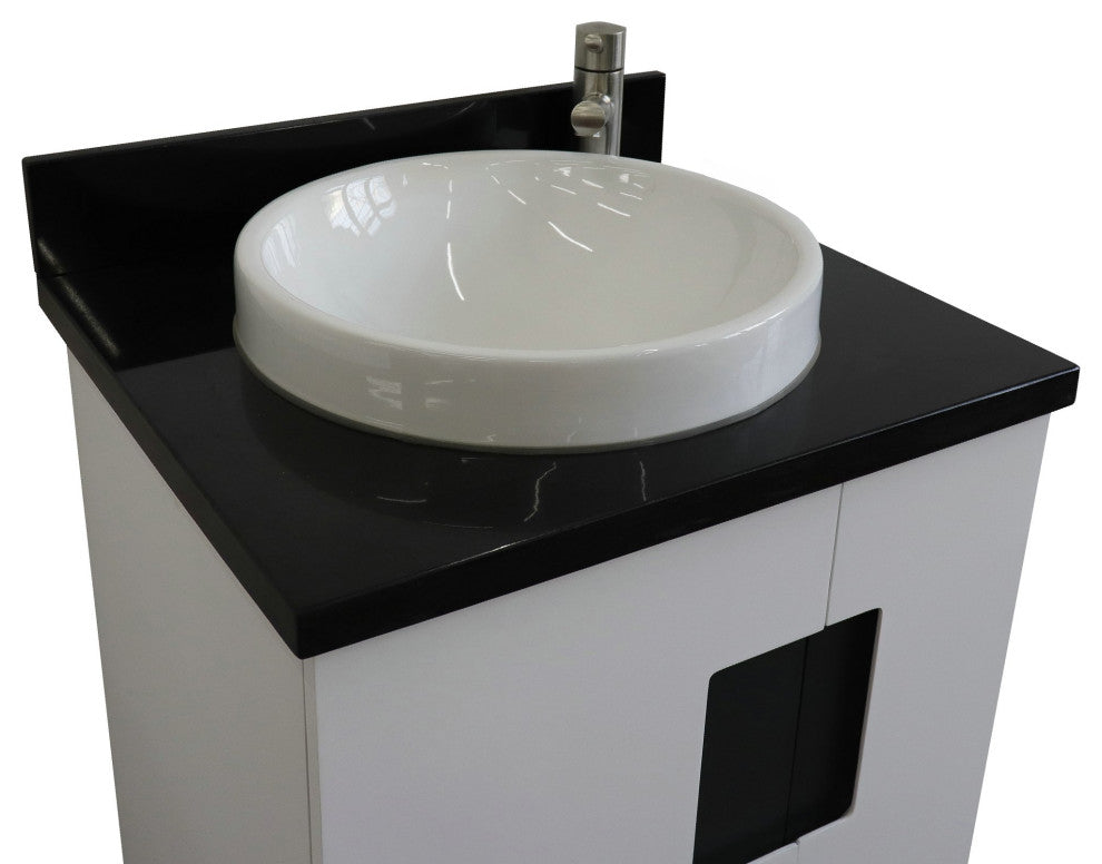 25" Single Sink Vanity, White Finish With Black Galaxy Granite And Round Sink
