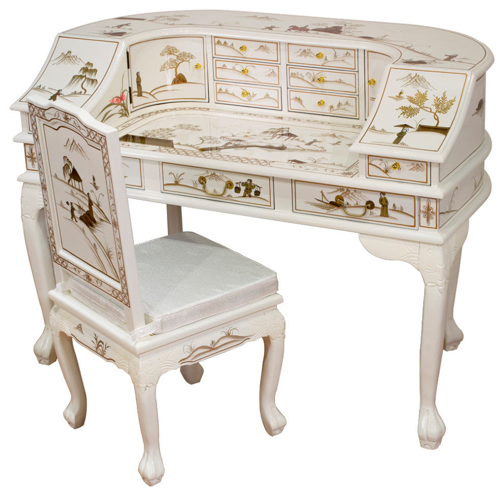 White Lacquer Chinoiserie Harpsichord Style Oriental Desk Set