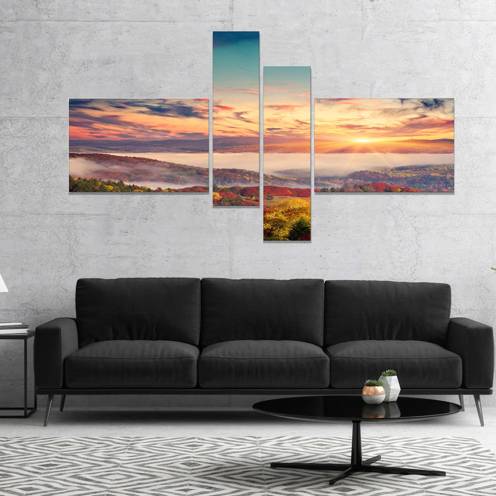 Colorful Sunset in Foggy Mountains, Landscape Canvas Print, 60"x32", 4 panels