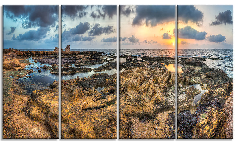 "Rocky African Seashore Panorama" Oversized Beach Wall Art, 4 Panels, 48"x28"