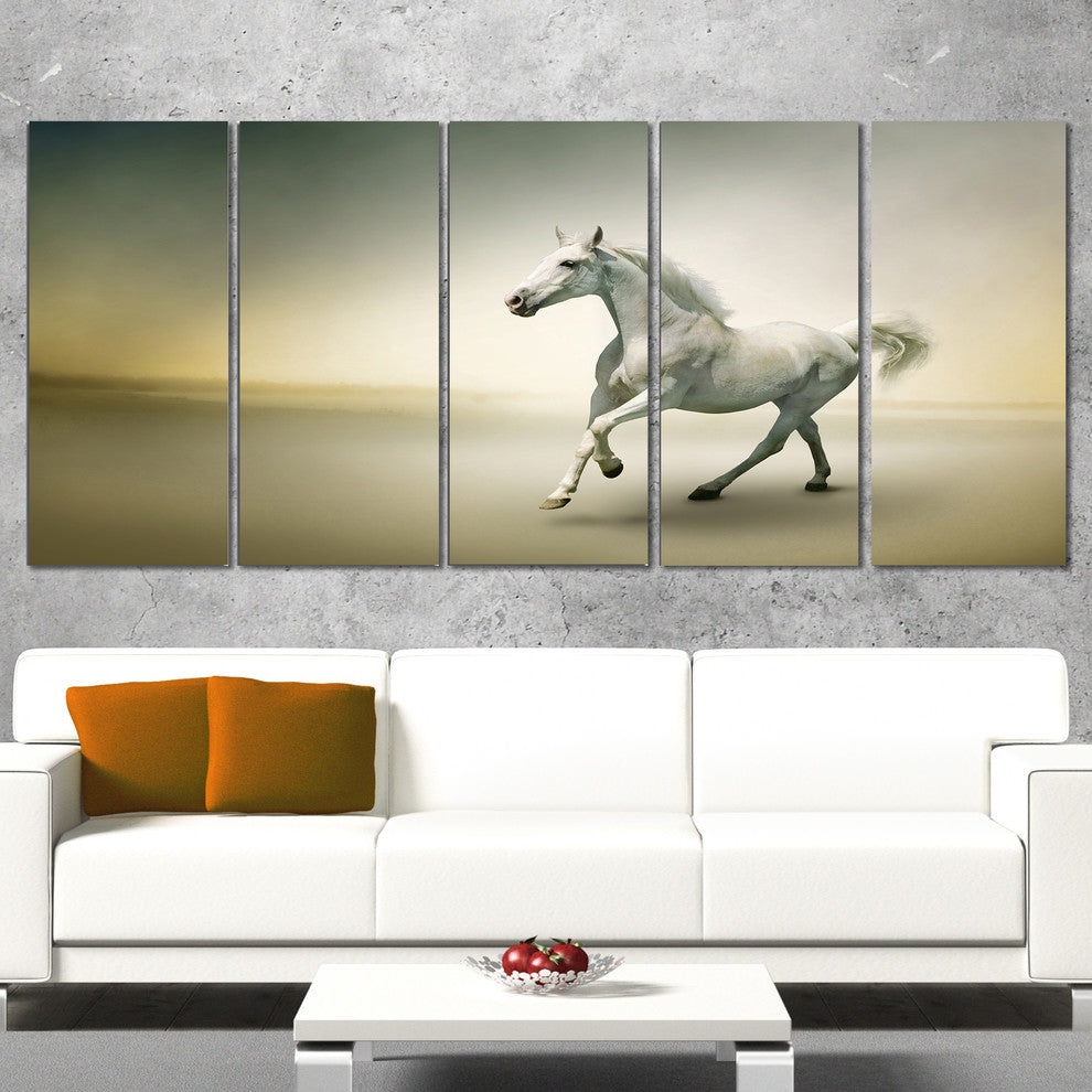 White Horse in Motion, Animal Canvas Art Print, 60"x28", 5 Panels