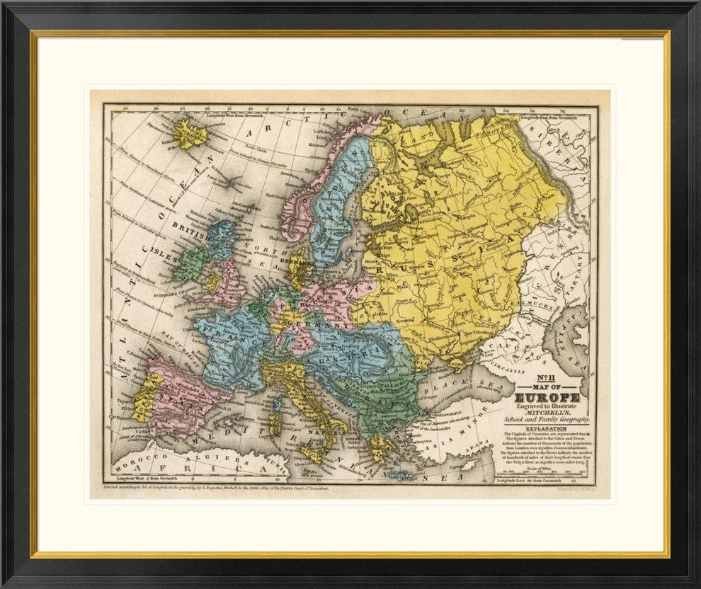 "Map of Europe, 1839" Framed Digital Print by Samuel Augustus Mitchell, 40x33"