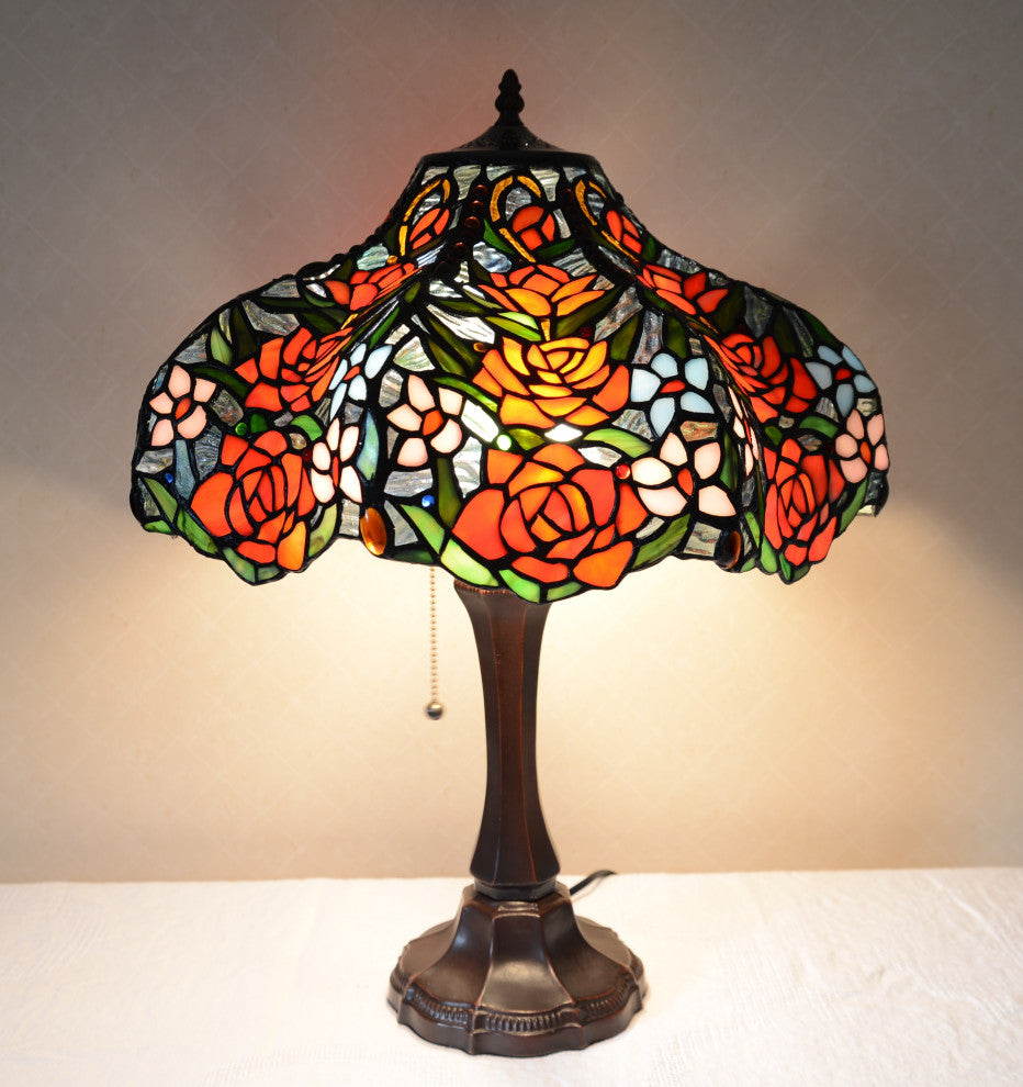 18"W Rose Flower Jeweled Stained Glass Handcrafted Table Desk Lamp, Zinc Base