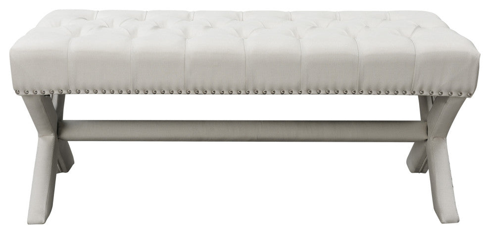 Diana Linen Button Tufted Silver Nailhead Trim X-Leg Bench, Cream White