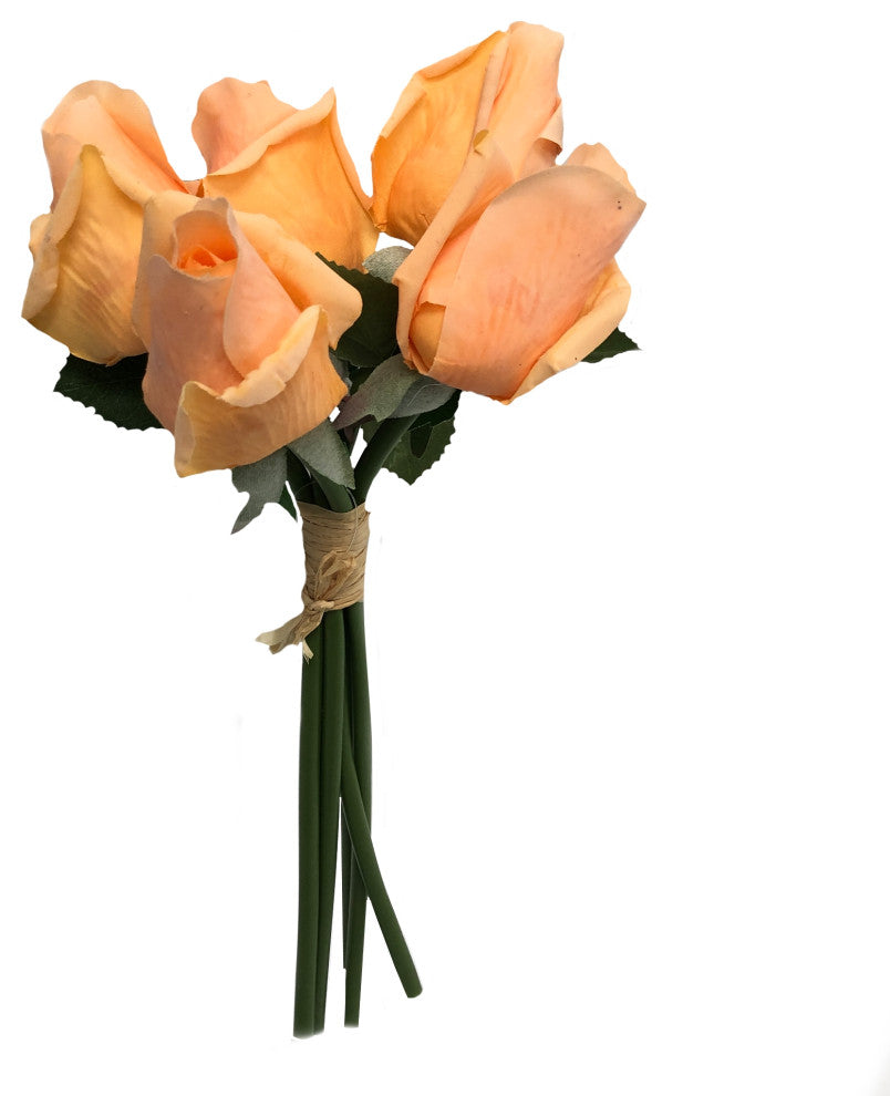 Set Of 7 Artificial Large Rosebud Stems, Light Peach Orange