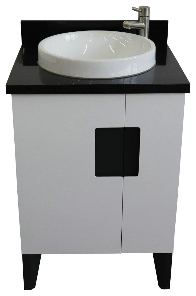 25" Single Sink Vanity, White Finish With Black Galaxy Granite And Round Sink