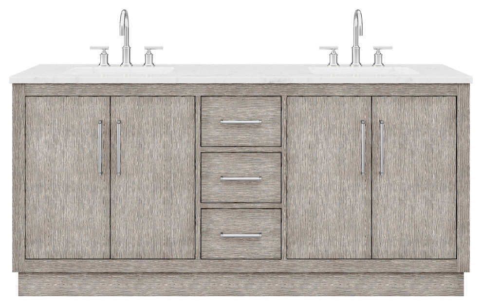 Hugo 72 Double Sink White Marble Vanity, Gray Oak With Gooseneck Faucets