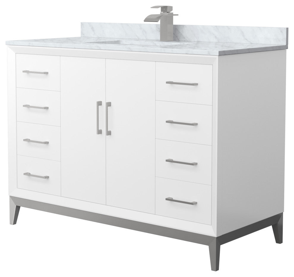 Amici 48" White Single Vanity, White Carrara Marble Top, Brushed Nickel Trim