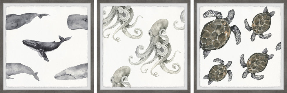 Whales and Octopus Triptych, 3-Piece Set, 32x32 Panels