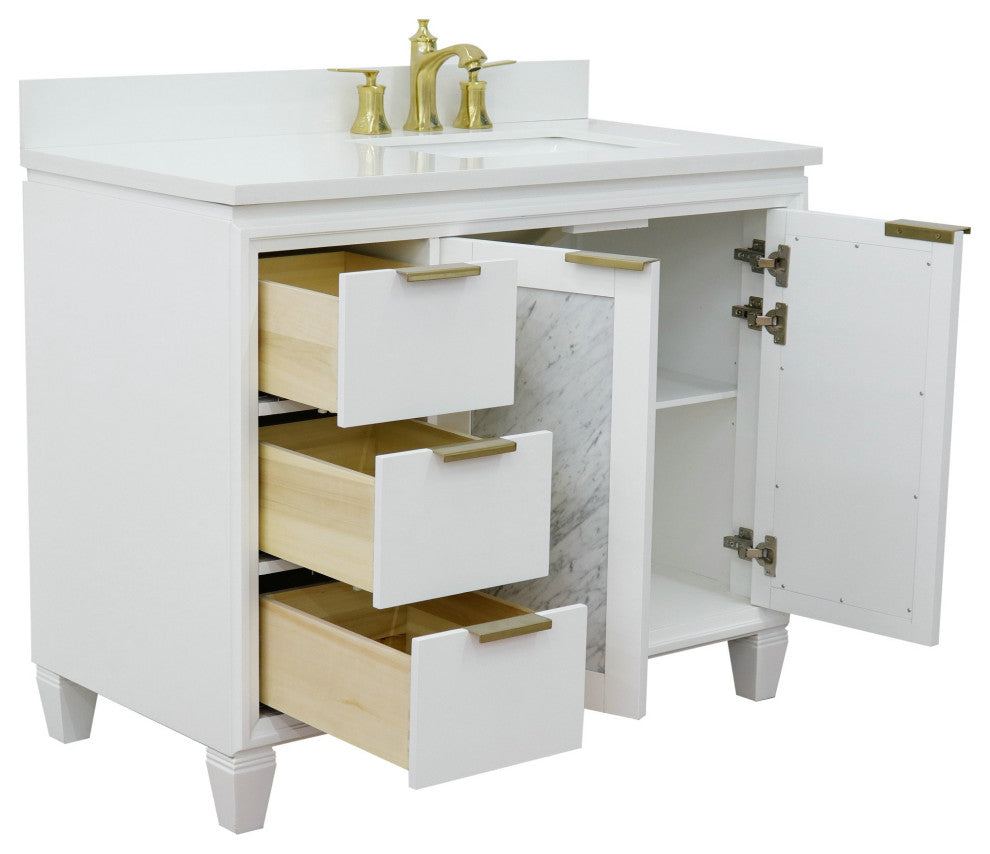 43" Single Vanity, White Finish With White Engineered Stone Top
