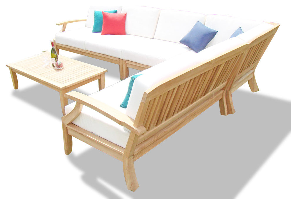 5-Piece Sam Outdoor Teak Sectional Sofa Set & Sunbrella Cushions Brannon Whisper