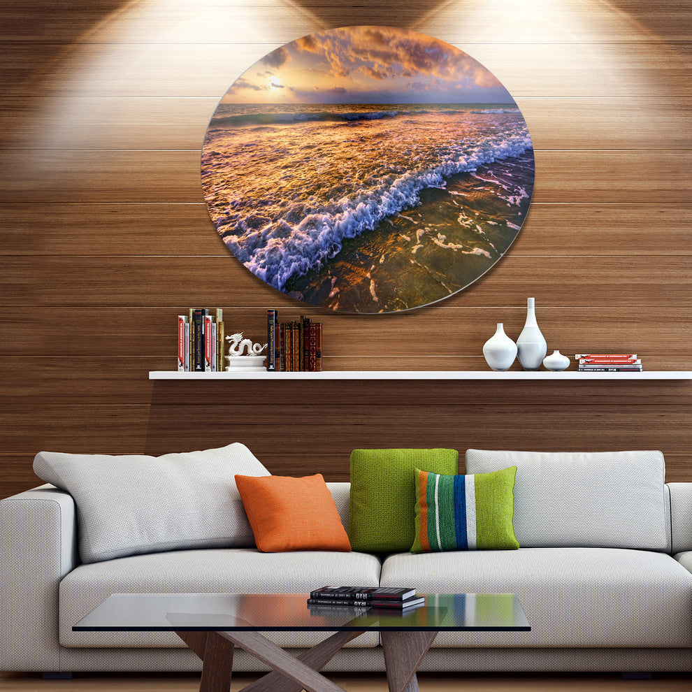 Beautiful Sunset With White Waters, Seashore Art Round Wall Art, 23"