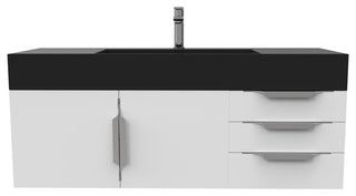 CastelloUSA Amazon 48" Wall Mounted Vanity Set, White, Black Top, Brushed Nickel