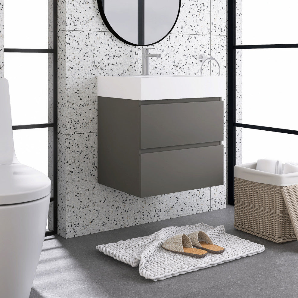 Wood Wall-Mounted Bathroom Vanity Set with Integrated Resin Sink, Grey, 24"