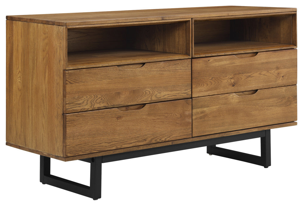 Aldo 4 Drawer Dresser in Brown Oak Wood with Black Metal Legs